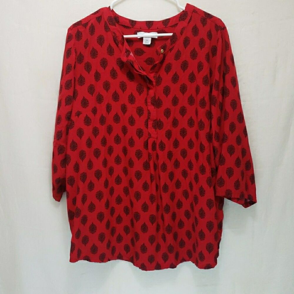 Liz Claiborne Red Paisley Block Print Blouse 2X Rayon Henley Tunic Top Plus